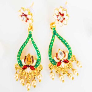 Meenakari Multicolour (White, Maroon And Green) Drop shaped Floral Dangler Kundan Earrings with White Beads