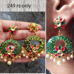 Meenakari Gold Plated Festive Wear Dangler Kundan Earrings - Green