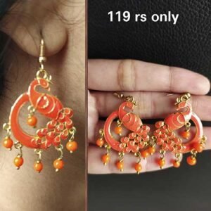 Multicolour hook type Peacock Design gold plated meenakari earrings with pearl beads - orange color
