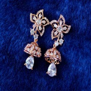 Beautiful Floral Statement Jhumka Rose Gold Earrings with AD Stones - Festive Wear