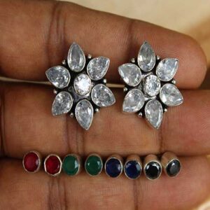 Original CZ Embedded Changeable Floral Stud Earrings includes 5 Colors - Green Pink Blue Black & White