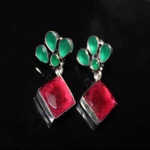 Original CZ Embedded Diamond Shaped Floral Dangler Earrings - Green & Pink