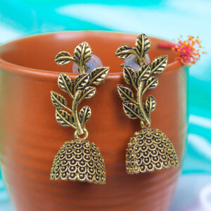 Artistic Gold Oxidized Plant Jhumka Earrings