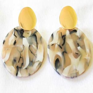 Gold & Brown With Black and White Stripes Round Statement Fashion Drop Earrings (1.8″)