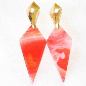 Gold & Pink With White Stripes Rhombus Statement Fashion Drop Earrings (2.5x1.3″)