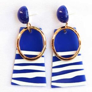 Stylish Trapezoid Shaped Blue With White Stripes and Golden Ring Dangler Earrings