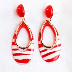 Stylish Drop Shaped Red With White Stripes and Golden Drop Ring Dangler Earrings