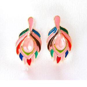 Peacock Feather Stud Earrings - Baby Pink+ Multicolor