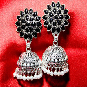 Mesmerizing Black Stone Embeded Floral Silver Oxidized Earrings with White Beads