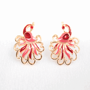 Stunning Enamel Peacock Stud Earrings - Pink + Red