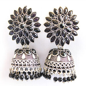 Elegant Black Stone Floral Jhuma Earrings - Perfect Festive Wear