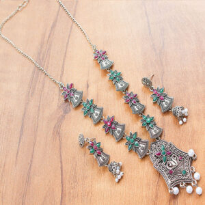 Stunning Silver Oxidized Ruby and Emerald Embedded Chain with Earrings - Image 3