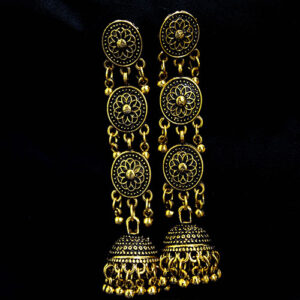 Long Hanging Gold Oxidized Jhumka Earrings - Circle