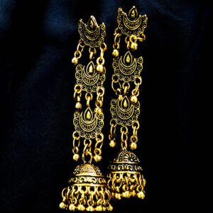 Long Hanging Gold Oxidized Jhumka Earrings - Half Moon