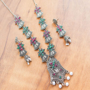 Stunning Silver Oxidized Ruby and Emerald Embedded Chain with Earrings