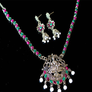 Elegant Silver Oxidized Ruby and Emerald Neck Piece with Lakshmi Devi Pendant