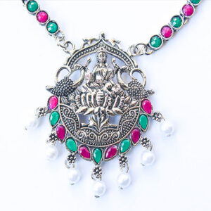 Elegant Silver Oxidized Ruby and Emerald Neck Piece with Lakshmi Devi Pendant - Image 2