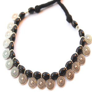 Oxidized Silver Necklace with Black Beads and Black Thread