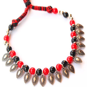 Oxidized Silver Necklace with Black and Red Beads and Black & Red Thread