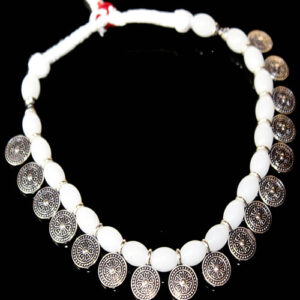 Oxidized Silver Necklace with White Beads and White Thread