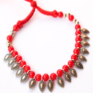 Oxidized Silver Necklace with Red Beads and Red Thread