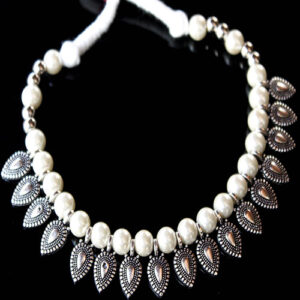 Oxidized Silver Necklace with WHite Beads and White Thread - Drop Shaped