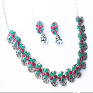 Amazing Silver Oxidized Shanku Shaped Ruby and Emerald Embedded Neck Piece + Earrings Set