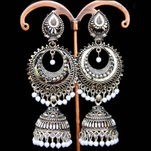 Shiny Silver Oxidized Chandbali Earrings