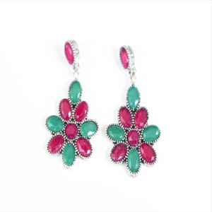 Ovel Shaped Ruby & Emerald Embedded Floral Silver Neck Piece + Earrings Set - Image 2