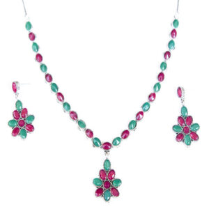 Ovel Shaped Ruby & Emerald Embedded Floral Silver Neck Piece + Earrings Set