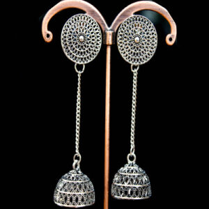 Beautiful Silver Oxidized Circle Floral Hanging Jhumka Earrings