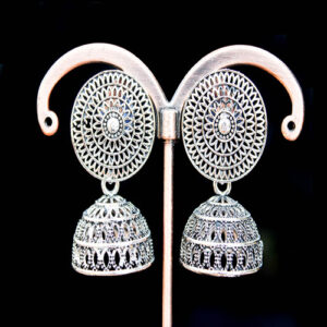 Beautiful Silver Oxidized Circle Floral Jhumka Earrings