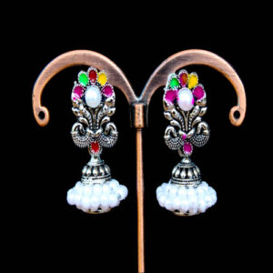 Silver Oxidized Double Peacock Jhumka Earrings with Tiny White Pearls