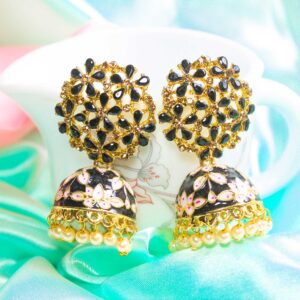 Amazing AD Stone Black Floral Meenakari Statement Jhumka Earrings