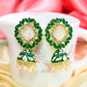 Enchanting AD & CZ Stone Embedded Circle Design Dark Green Meenakari Jhumka Earrings