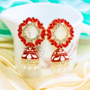 Enchanting AD & CZ Stone Embedded Circle Design Red Meenakari Jhumka Earrings