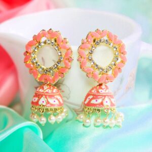 Enchanting AD & CZ Stone Embedded Circle Design Peach Meenakari Jhumka Earrings