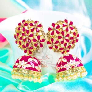 Amazing AD Stone Pink Floral Meenakari Statement Jhumka Earrings