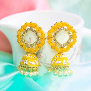 Enchanting AD & CZ Stone Embedded Circle Design Yellow Meenakari Jhumka Earrings