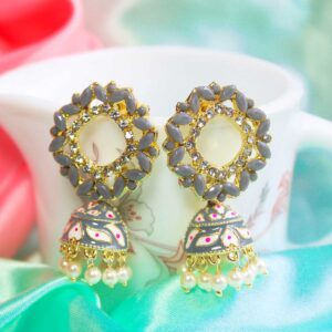 Enchanting AD & CZ Stone Embedded Circle Design Ash Meenakari Jhumka Earrings