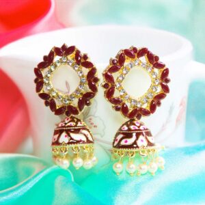 Enchanting AD & CZ Stone Embedded Circle Design Maroon Meenakari Jhumka Earrings