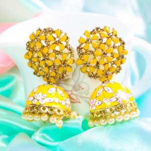 Amazing AD Stone Yellow Floral Meenakari Statement Jhumka Earrings