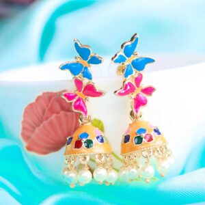 Alluring Sky Blue Pink & Cream Butterfly Meenakari Earrings