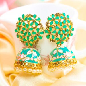 Amazing AD Stone Green Floral Meenakari Statement Jhumka Earrings