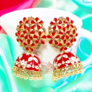 Amazing AD Stone Red Floral Meenakari Statement Jhumka Earrings