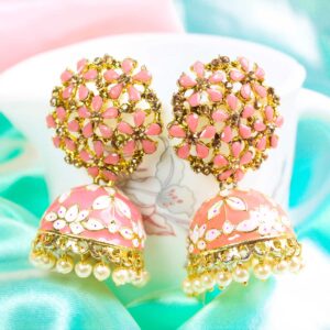 Amazing AD Stone Peach Floral Meenakari Statement Jhumka Earrings