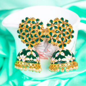 Amazing AD Stone Dark Green Floral Meenakari Statement Jhumka Earrings