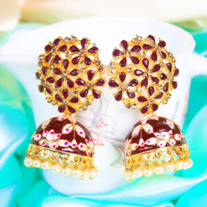 Amazing AD Stone Maroon Floral Meenakari Statement Jhumka Earrings