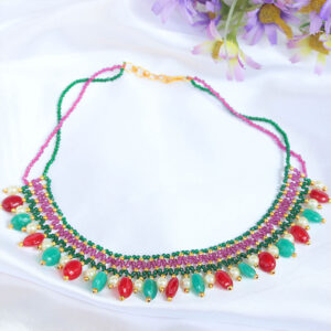 Enchanting Pearl Neckpiece with Turquoise & Red Beads