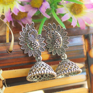 Amazing Leaf Design Peacock Oxidized Silver Jhumka Earrings